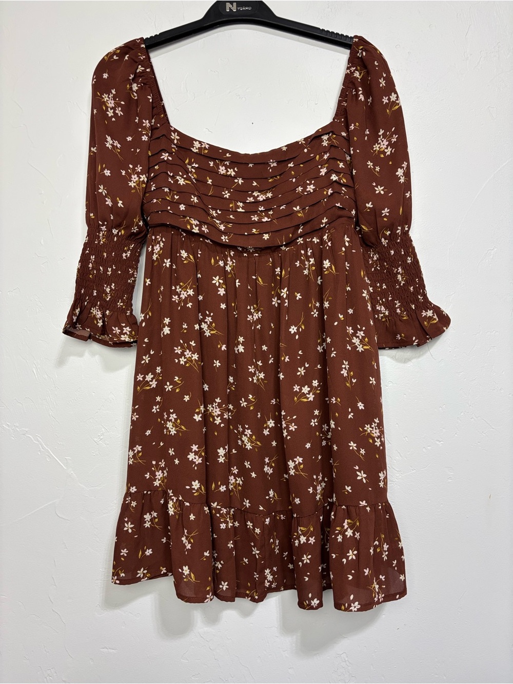 Blue Rain Women's Small Brown Floral Babydoll Mini Dress Smocked Ruffle Feminine